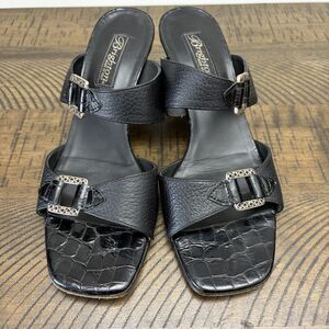 Brighton Tokyo Sandals Heels Size 8M Black Real Leather Croc Embossed Dual Strap